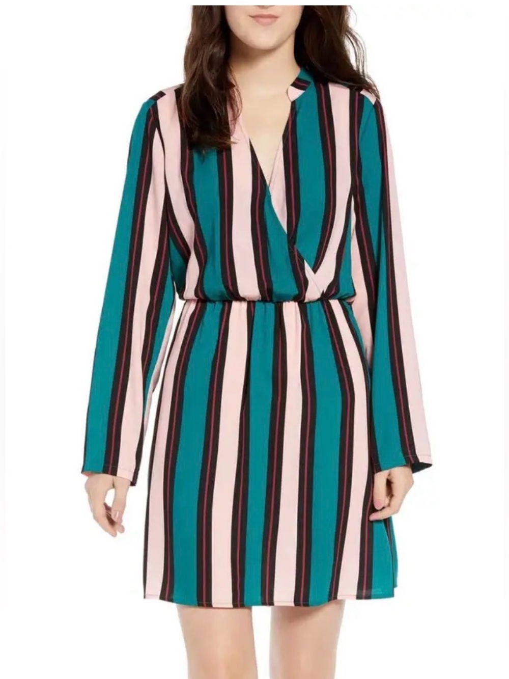 NWT All in Favor Emerald & Blush Striped Wrap Mini Dress Long Sleeve Retro Fall